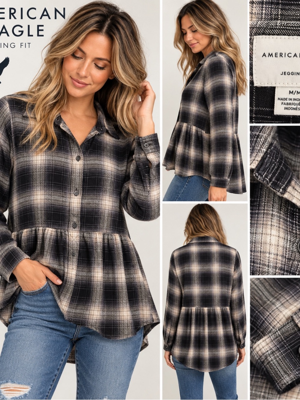 American Eagle Outfitters Black & Cream Plaid Peplum Button-Front Shirt